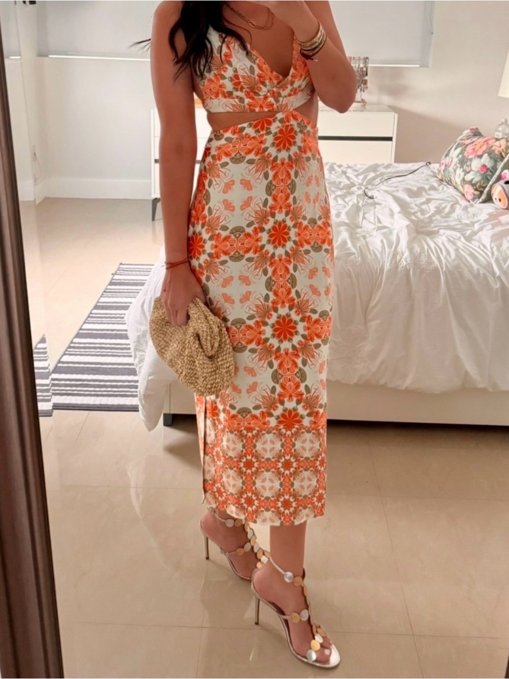 House of Harlow 1960 Orange Floral Cutout Midi Dress